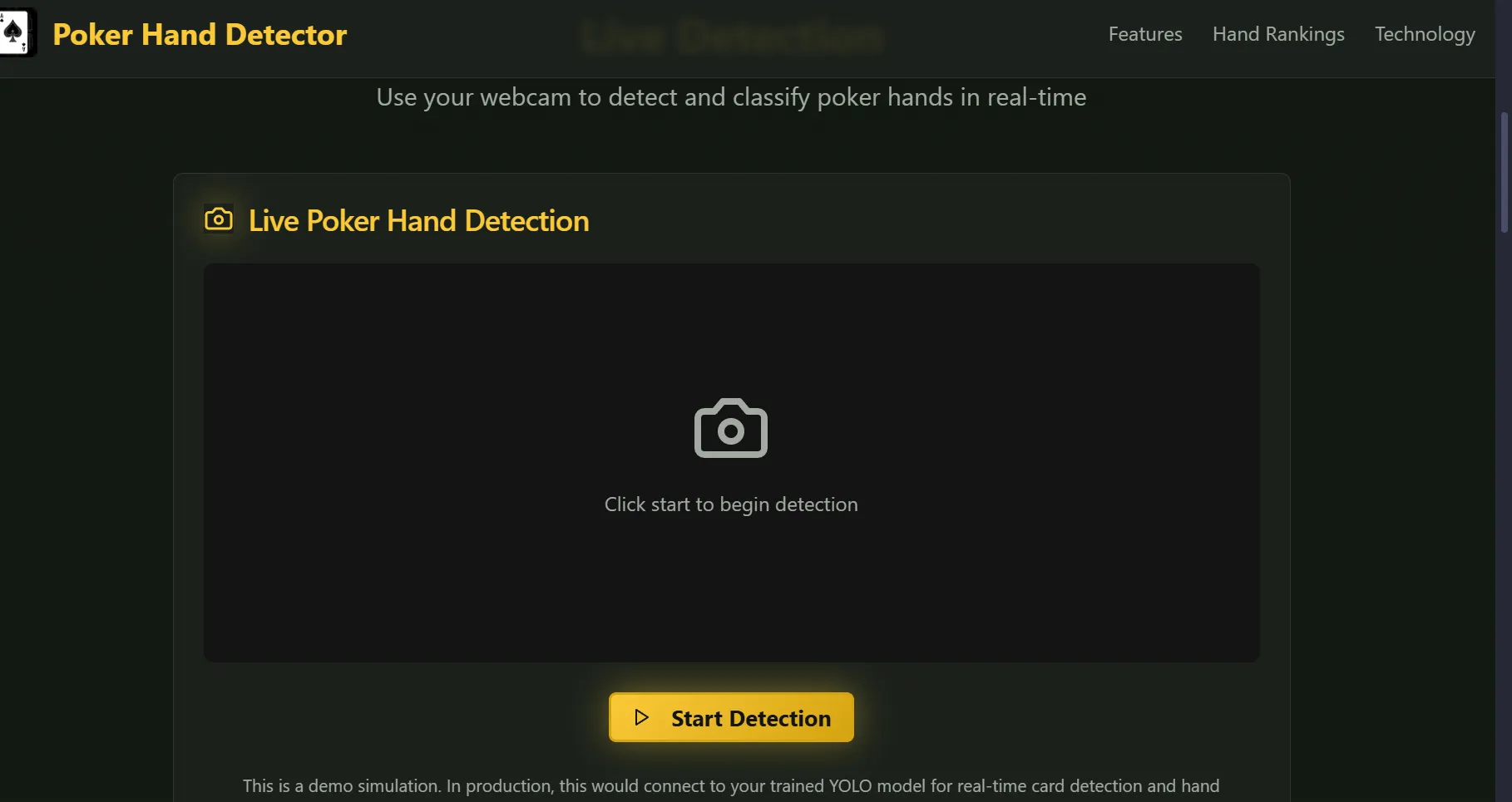 Poker Hand Detector web interface dengan prompt deteksi dan tombol mulai